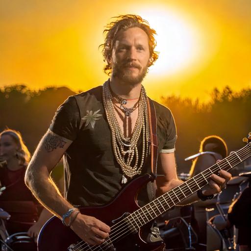 Firefly Immagine intera di Frontman biondo di una rockband durante un concerto con sullo sfondo